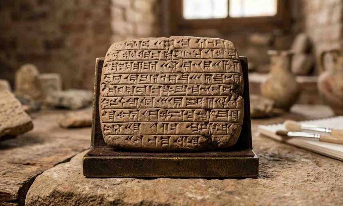 A realistic close-up of an ancient Sumerian clay tablet etched with wedge-shaped cuneiform script, resting on a stand in a museum workshop.