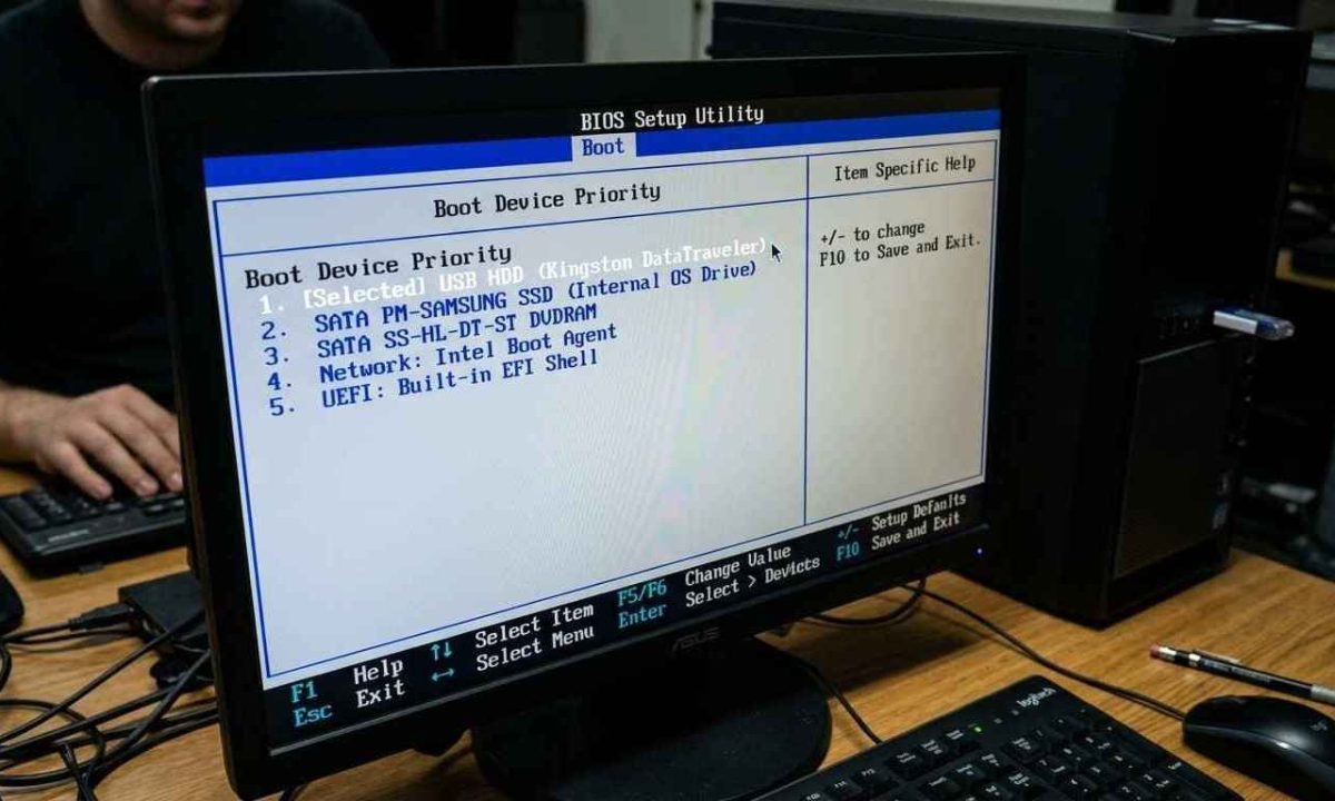 Alt Text: A computer monitor displaying a classic blue and white BIOS boot setup screen with a USB drive selected as the primary boot priority ahead of an internal hard drive.