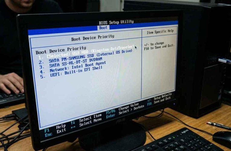 Alt Text: A computer monitor displaying a classic blue and white BIOS boot setup screen with a USB drive selected as the primary boot priority ahead of an internal hard drive.