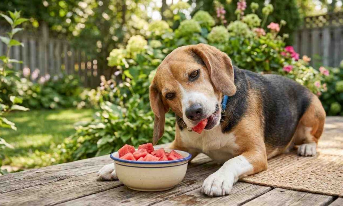 A high-resolution photo showing a tricolor Beagle lying on a rustic wooden deck, looking at the camera as it finishes a piece of fresh watermelon from its bowl.