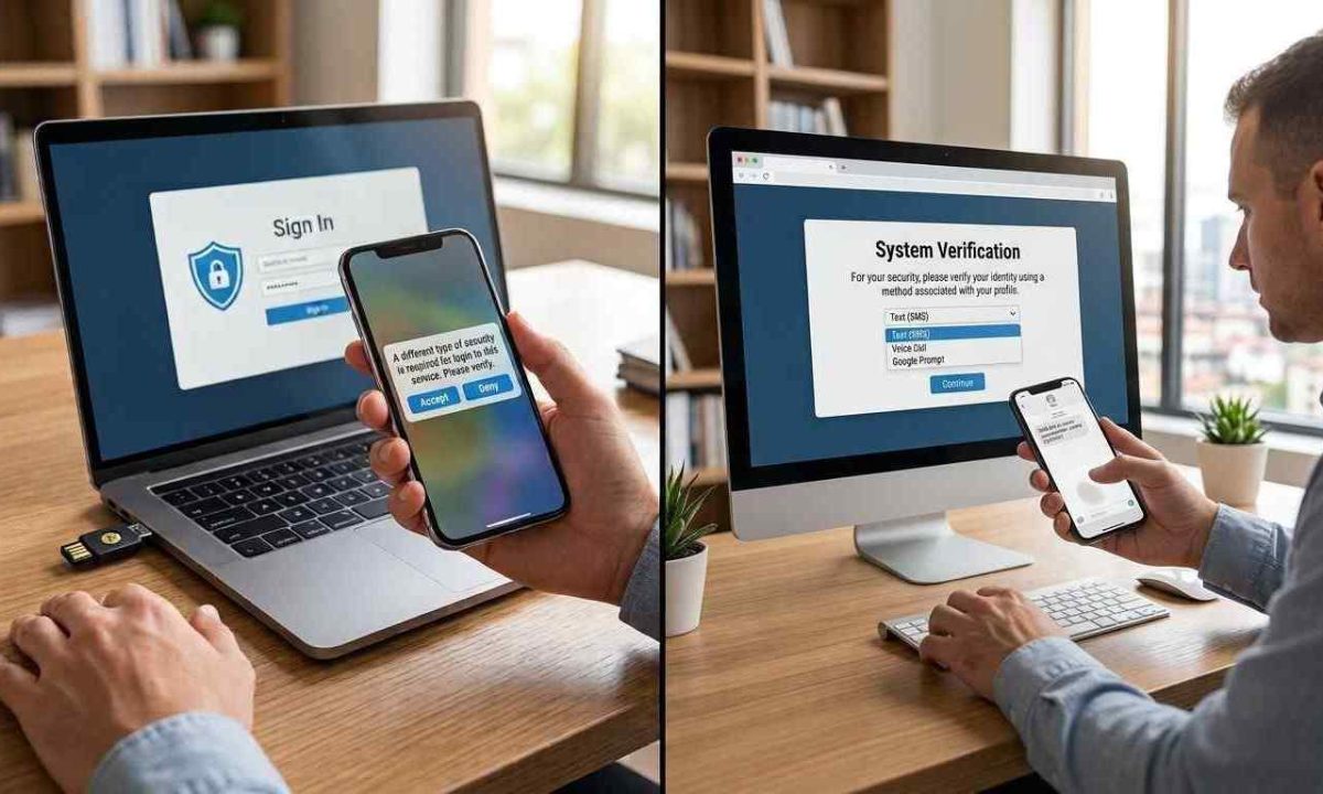A side-by-side split comparison showing two online security setup screens on laptop and desktop monitors with a user interacting via smartphone push notifications and verification codes.