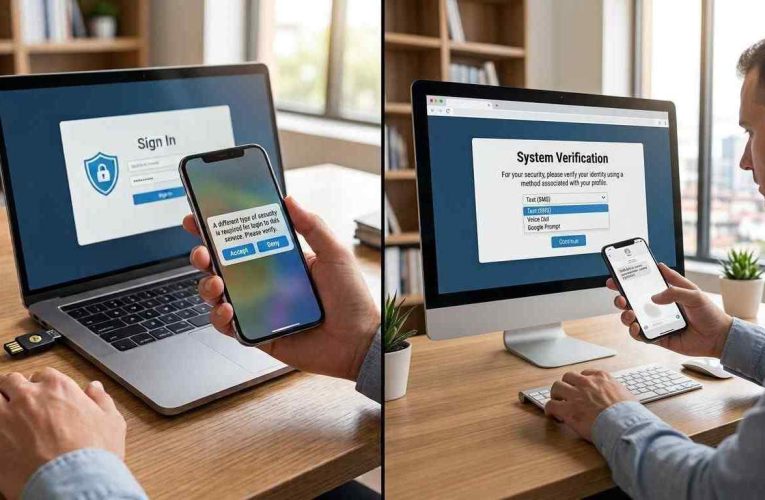 A side-by-side split comparison showing two online security setup screens on laptop and desktop monitors with a user interacting via smartphone push notifications and verification codes.