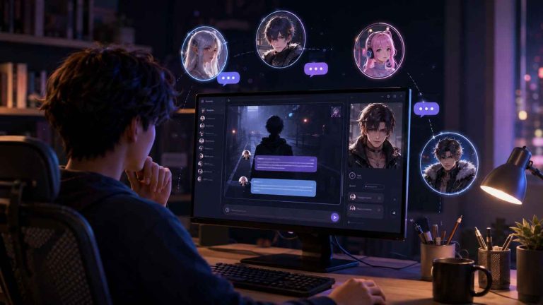 A person chatting with AI characters on a computer in a cozy, futuristic workspace.
