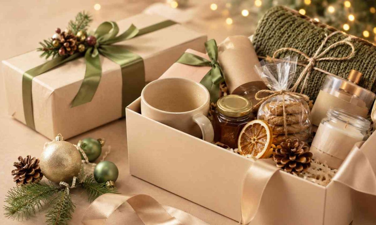 Holiday gift hamper with wrapped presents, mug, cookies, candle, greenery, ribbons, and festive ornaments.