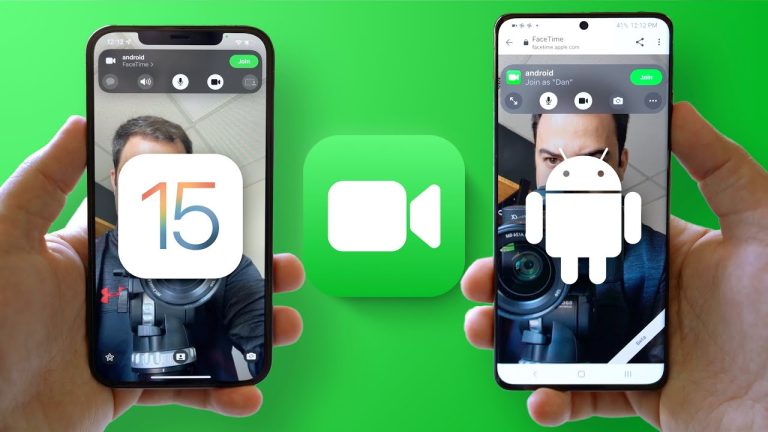 FaceTime on Android showing an Android phone joining a FaceTime call via a web browser, alongside an iPhone displaying FaceTime.