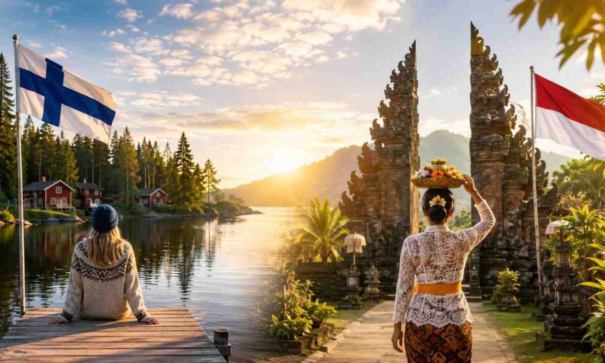 Finland and Indonesia flags beside scenic landscapes, with a woman by a Finnish lakeside and a Balinese woman carrying an offering near a traditional temple.