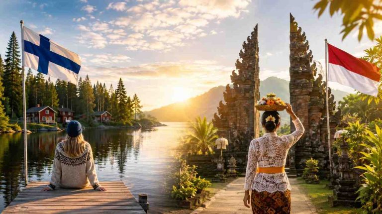 Finland and Indonesia flags beside scenic landscapes, with a woman by a Finnish lakeside and a Balinese woman carrying an offering near a traditional temple.