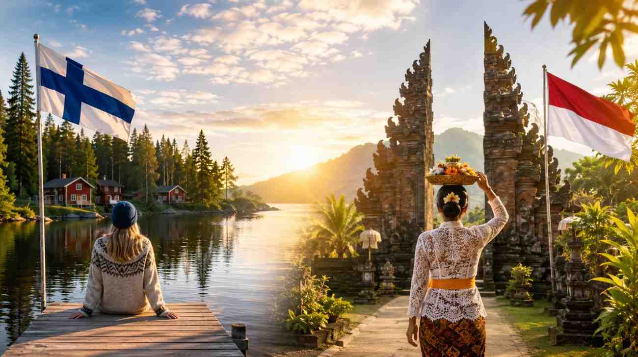 Finland and Indonesia flags beside scenic landscapes, with a woman by a Finnish lakeside and a Balinese woman carrying an offering near a traditional temple.