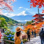 Japan travel across all four seasons with tourists, Mount Fuji, cherry blossoms, autumn foliage, and snowy villages.