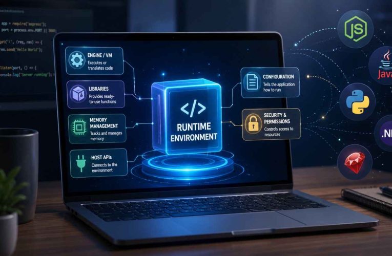 Runtime environment illustration showing a laptop with code, software components, memory management, libraries, configuration, and programming language icons.