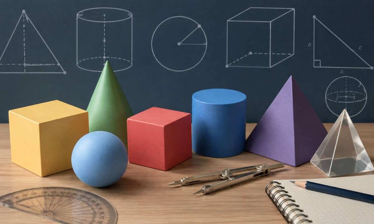 Geometry formulas featuring colorful 3D shapes, including cubes, spheres, cones, cylinders, pyramids, and triangular forms, arranged on a wooden desk with geometry tools and diagrams in the background.