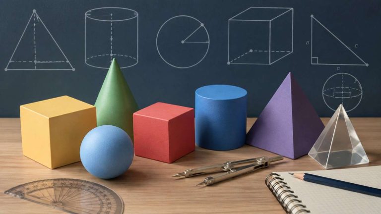 Geometry formulas featuring colorful 3D shapes, including cubes, spheres, cones, cylinders, pyramids, and triangular forms, arranged on a wooden desk with geometry tools and diagrams in the background.