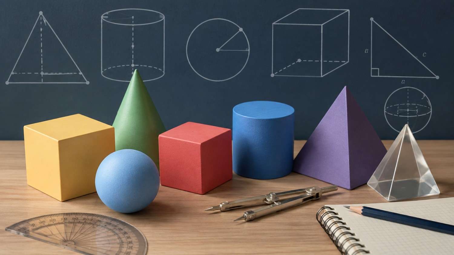 Geometry formulas featuring colorful 3D shapes, including cubes, spheres, cones, cylinders, pyramids, and triangular forms, arranged on a wooden desk with geometry tools and diagrams in the background.