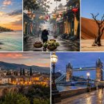Best places to travel in December 2026 featuring tropical beaches, Hanoi streets, Namibia desert, Italy hill towns, and London Christmas scenery.