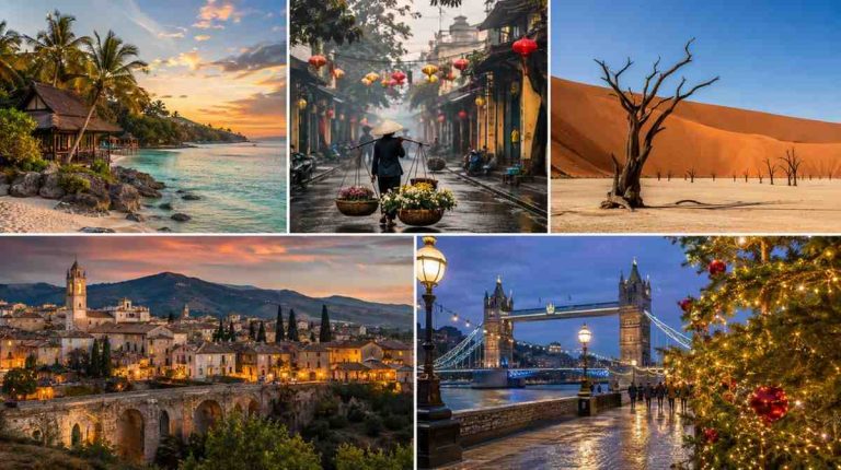 Best places to travel in December 2026 featuring tropical beaches, Hanoi streets, Namibia desert, Italy hill towns, and London Christmas scenery.