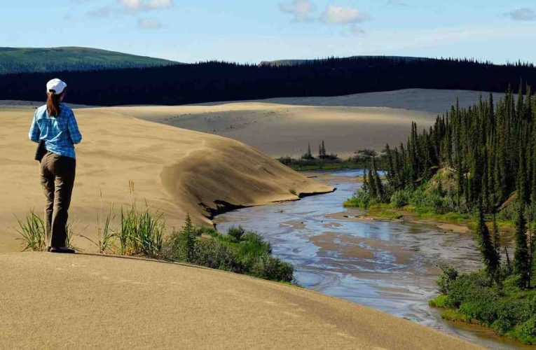 Woman standing on the Great Kobuk Sand Dunes overlooking the Kobuk River and Arctic forest in Kobuk Valley National Park, Alaska.