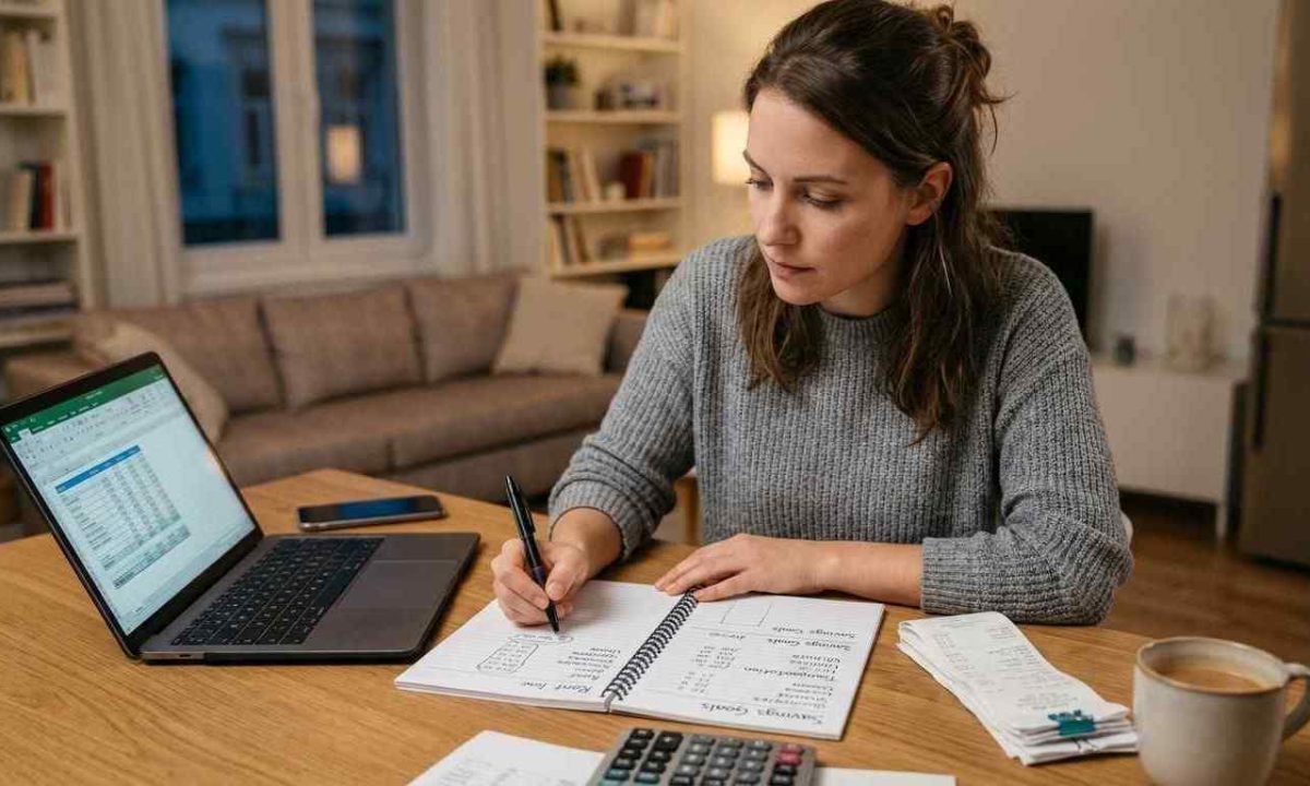 A woman sitting at a dining table at night reviewing her monthly budget spreadsheet on a laptop while writing down savings goals in a notebook next to a calculator and a cup of coffee.