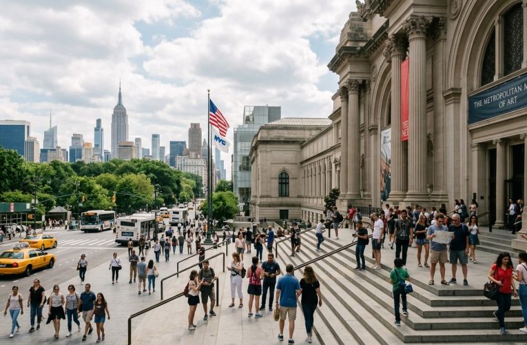 Realistic wide-angle shot of visitors on the grand steps outside the Metropolitan Museum of Art with Fifth Avenue, yellow taxis, and the Manhattan skyline in the background.