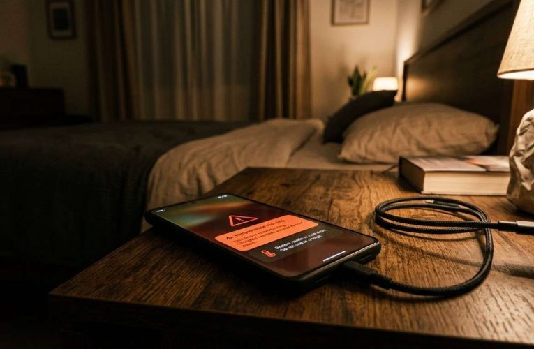 A modern smartphone resting on a wooden nightstand, plugged into a charging cable, displaying a red temperature warning icon and alert message on its glowing screen.