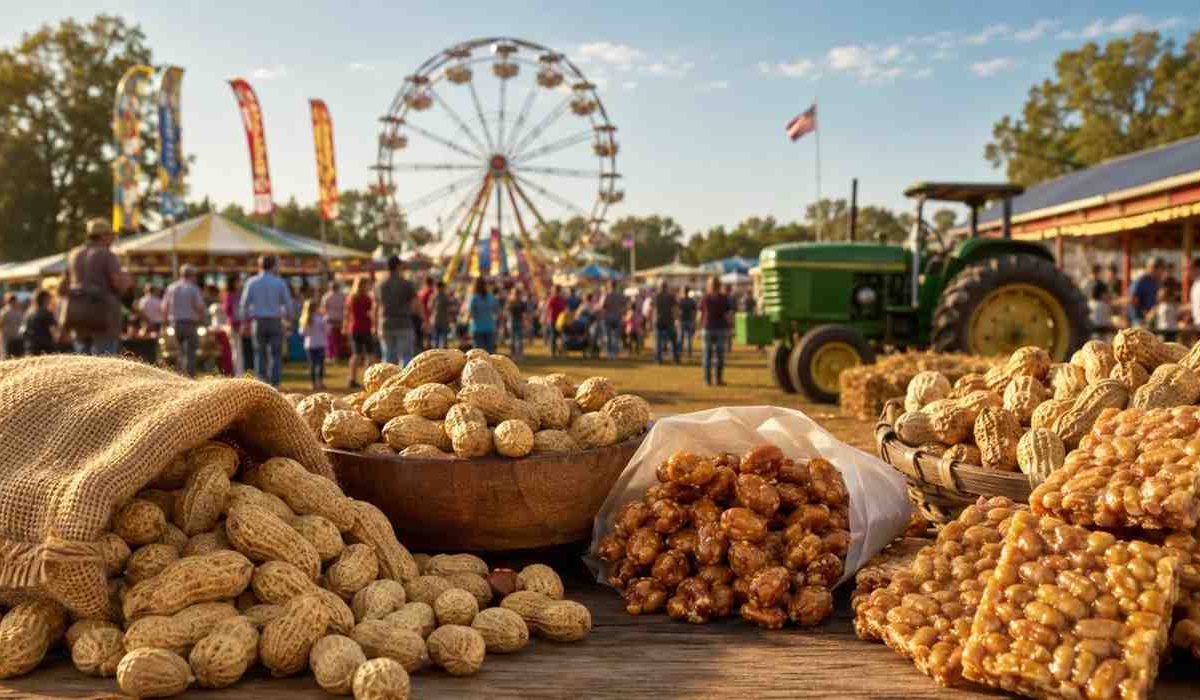 National Peanut Festival with peanuts, carnival rides, Ferris wheel, farm tractor, food stalls, and visitors in Dothan, Alabama.