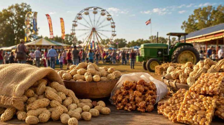 National Peanut Festival with peanuts, carnival rides, Ferris wheel, farm tractor, food stalls, and visitors in Dothan, Alabama.