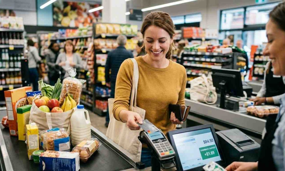 A woman tapping her credit card at a supermarket checkout terminal to earn cashback on everyday grocery purchases.