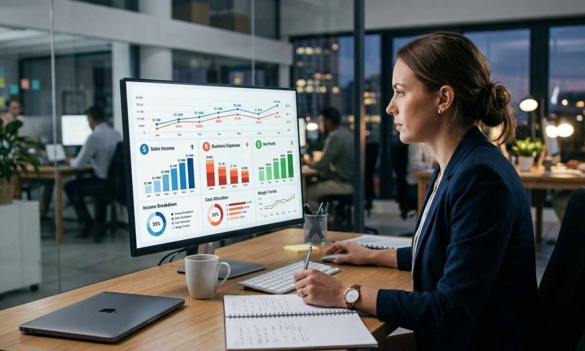 A realistic, clean financial analytics dashboard displayed on a desktop computer screen in a modern office, featuring visual charts, bar graphs, and metrics for sales income, business expenses, and net profit margins.