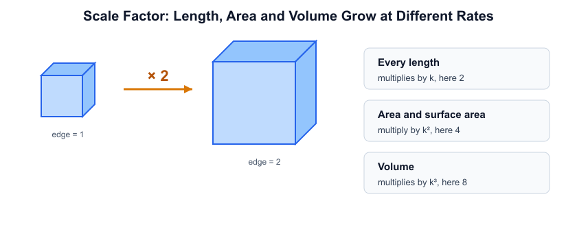 Scale factor diagram showing length multiplies by k, area by k squared and volume by k cubed