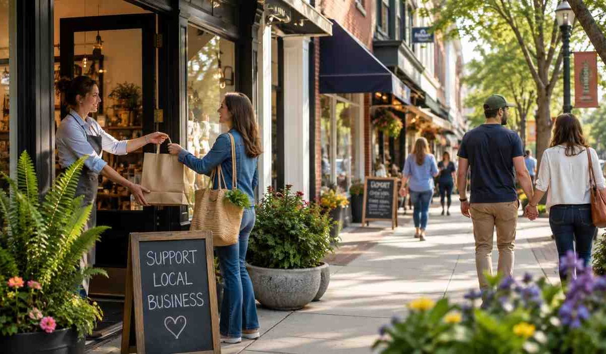 People supporting local businesses on a vibrant neighborhood main street with independent shops and welcoming storefronts.