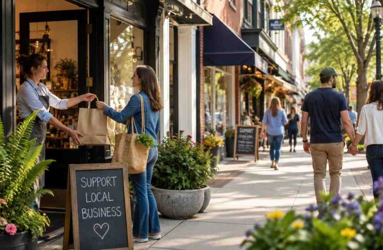 People supporting local businesses on a vibrant neighborhood main street with independent shops and welcoming storefronts.