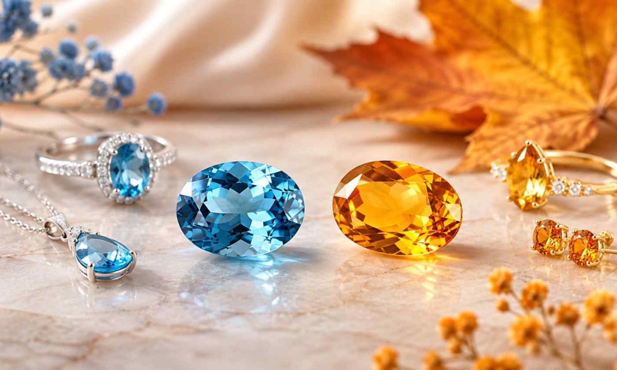 Blue topaz and golden citrine gemstones displayed side by side with elegant November themed jewelry and autumn accents.