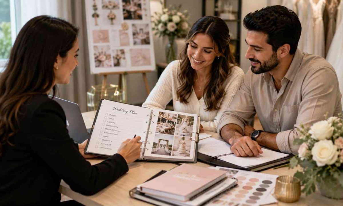 Wedding planner helping an engaged couple organize their wedding plans at a consultation table.