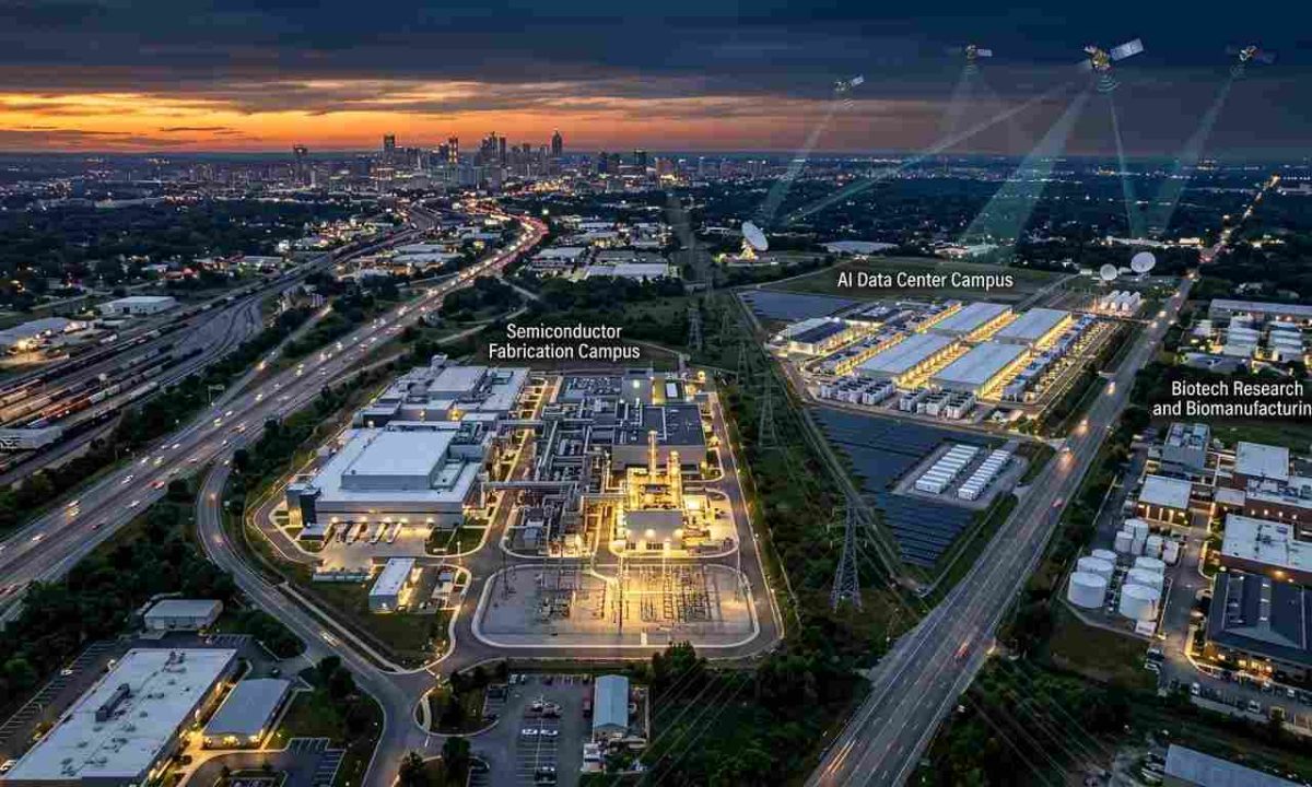 An aerial view at dusk showing a connected North American industrial corridor featuring a semiconductor fab, AI data center with solar array, biotech campus, and overhead satellites.