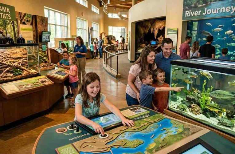 Families exploring interactive science exhibits, live animal displays, and freshwater aquariums inside the Cook Museum of Natural Science.