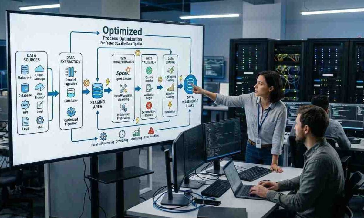 A photo of a modern control room where data engineers review a 16:9 digital display showing a text-free ETL optimization diagram, depicting data extraction, transformation, validation, and loading stages.