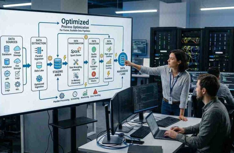 A photo of a modern control room where data engineers review a 16:9 digital display showing a text-free ETL optimization diagram, depicting data extraction, transformation, validation, and loading stages.