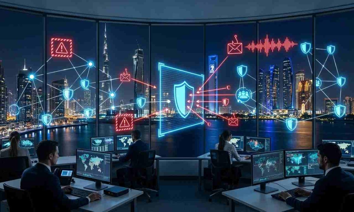 A high-tech cybersecurity operations room overlooking a illuminated nighttime Gulf city skyline, featuring digital network overlay graphics showing a central glowing shield barrier actively blocking red ransomware alerts, phishing icons, and deepfake audio waveforms.