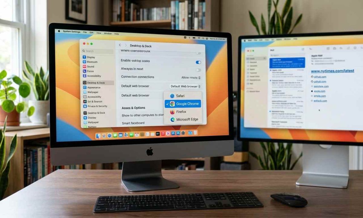 A photorealistic dual-monitor Mac setup showing System Settings with the default web browser menu expanded to select Google Chrome, alongside an email app open on the adjacent screen.