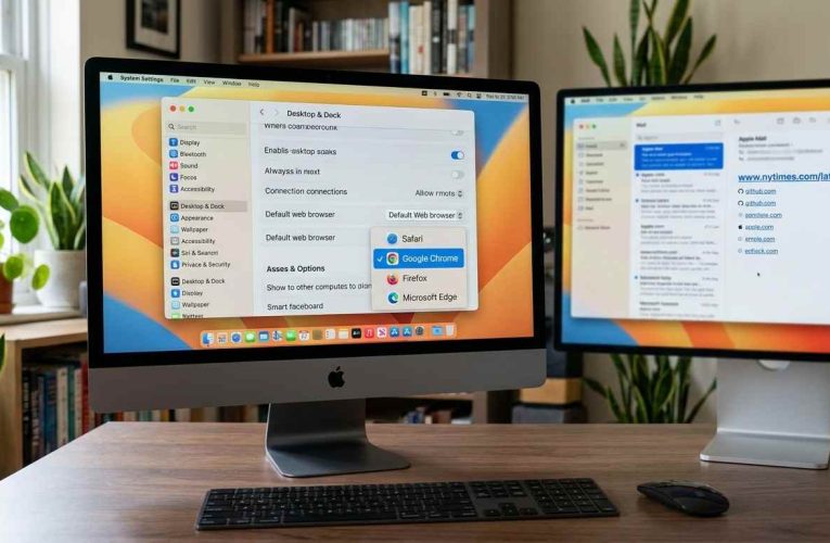 A photorealistic dual-monitor Mac setup showing System Settings with the default web browser menu expanded to select Google Chrome, alongside an email app open on the adjacent screen.