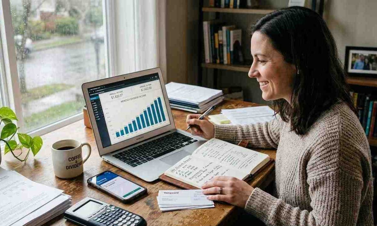 a modern desk with a laptop displaying an upward stock portfolio chart, surrounded by dividend payout statements, a notebook, a calendar, and a small growing potted plant.