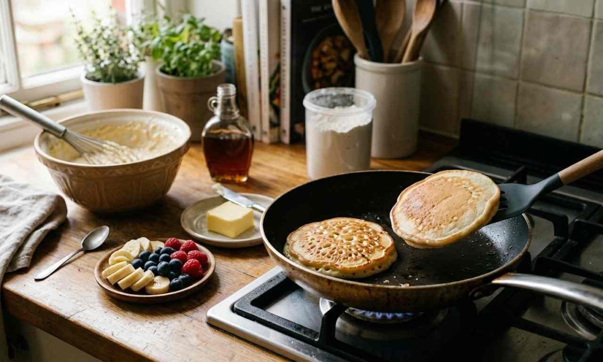 Golden pancakes cooking in a nonstick skillet on a gas stovetop, with one pancake lifted by a spatula and the other showing open bubbles, alongside a mixing bowl, syrup, butter, and fresh berries.