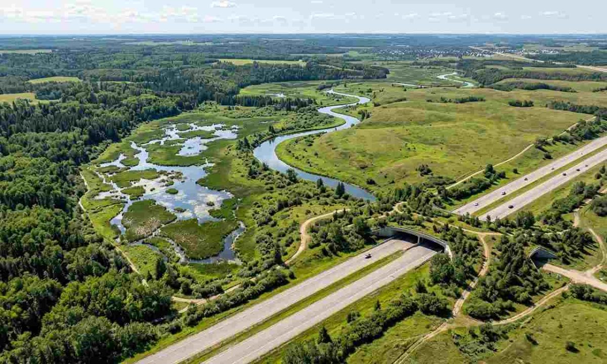 Photorealistic aerial view of a North American conservation landscape featuring a restored wetland, dense forest, rolling grassland, and a winding river, with a vegetated wildlife crossing bridge spanning over a highway.