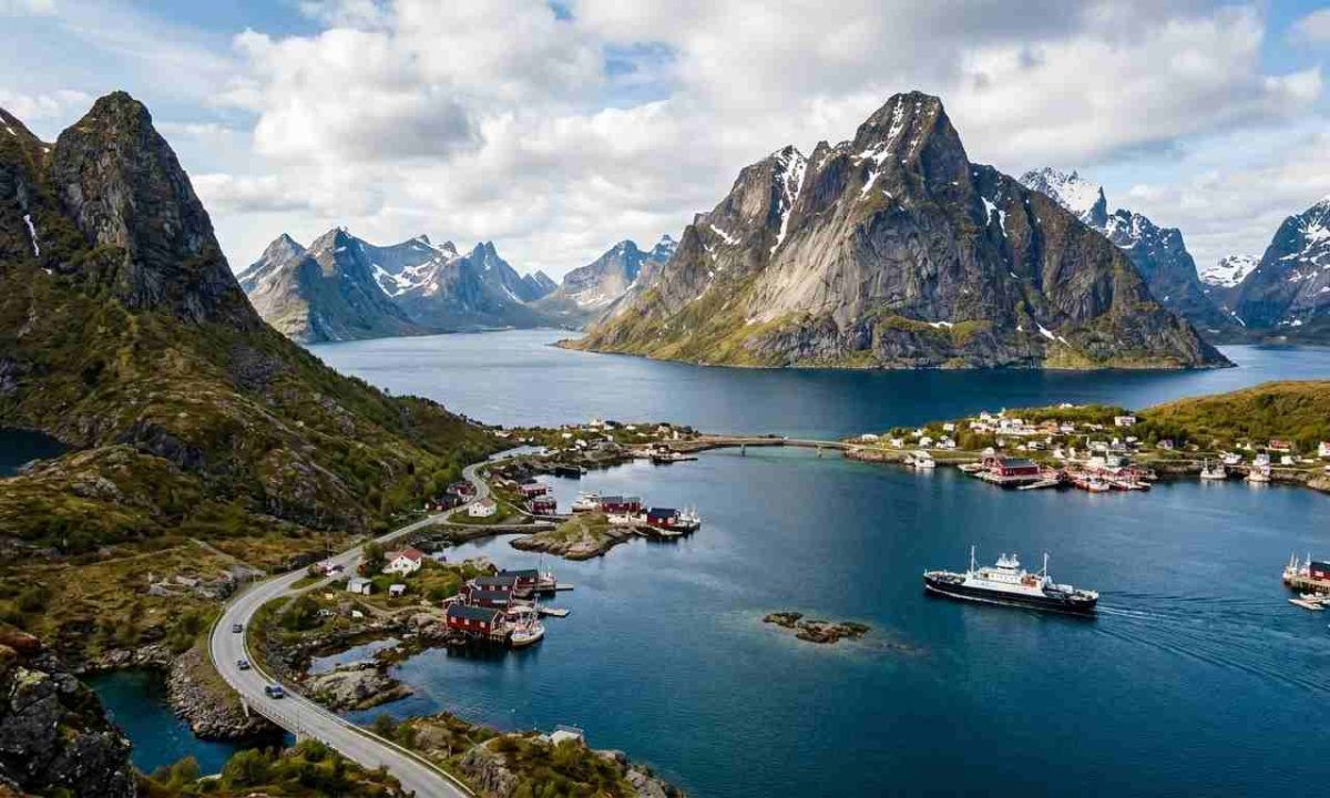 Realistic high-angle view of a traditional red Norwegian fishing village nestled along a dramatic fjord, featuring steep rocky mountains, snow-capped distant peaks, a winding coastal road, and a ferry sailing across deep blue water.