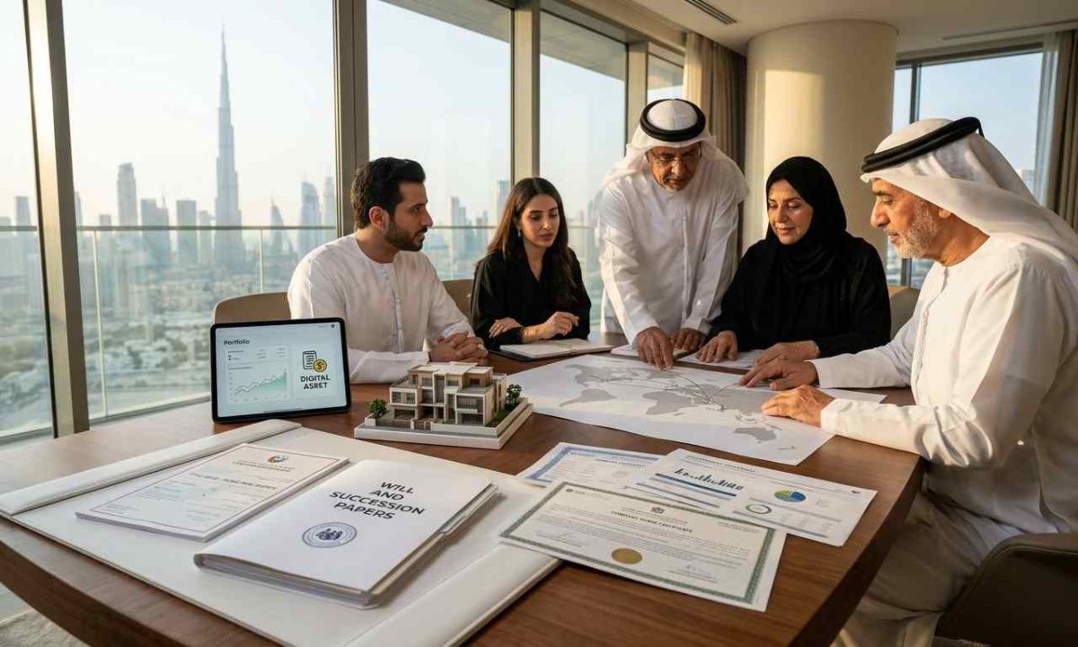 A UAE family reviewing estate planning documents, property titles, share certificates, and an architectural model in a modern Dubai villa with the skyline visible through large windows.