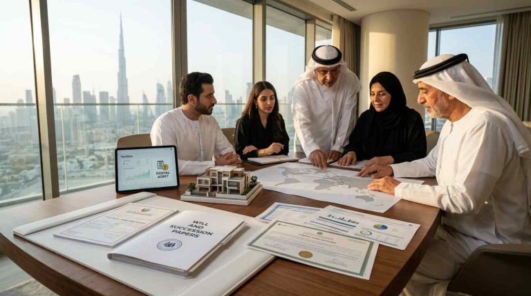 A UAE family reviewing estate planning documents, property titles, share certificates, and an architectural model in a modern Dubai villa with the skyline visible through large windows.