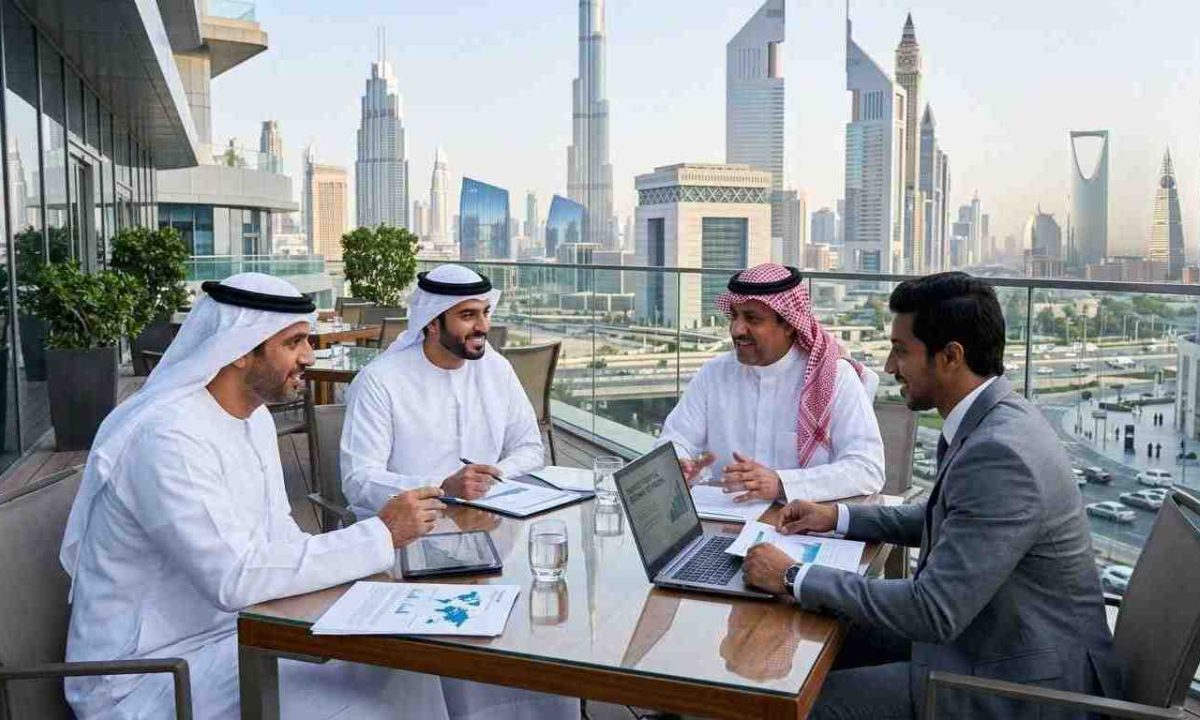 UAE and Saudi entrepreneurs in traditional attire meeting on a modern Dubai terrace with laptops and financial charts, set against a blended skyline featuring Dubai and Riyadh landmarks.