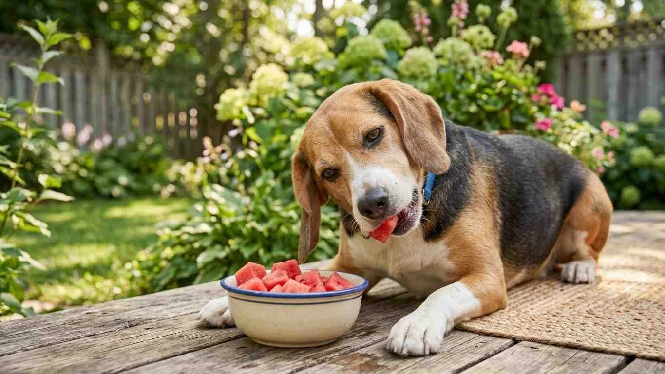 A high-resolution photo showing a tricolor Beagle lying on a rustic wooden deck, looking at the camera as it finishes a piece of fresh watermelon from its bowl.