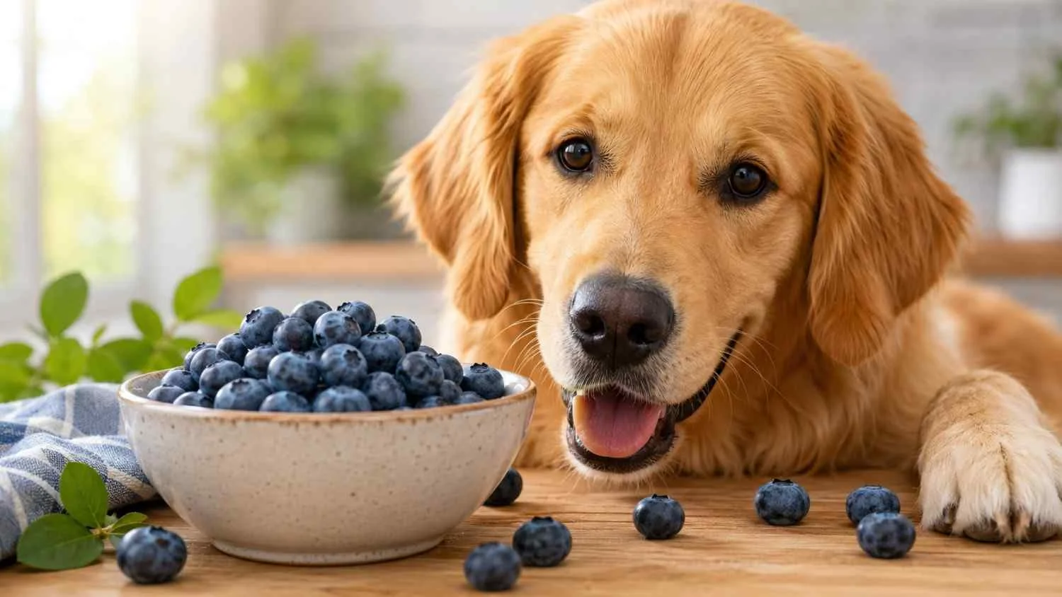 Golden retriever beside a bowl of fresh blueberries on a wooden table