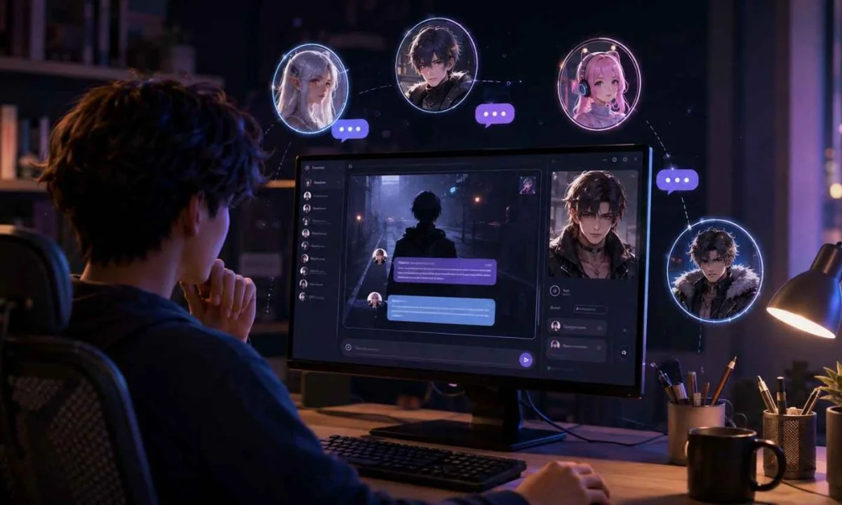 A person chatting with AI characters on a computer in a cozy, futuristic workspace.