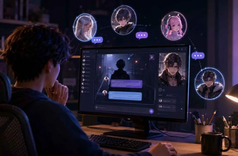A person chatting with AI characters on a computer in a cozy, futuristic workspace.
